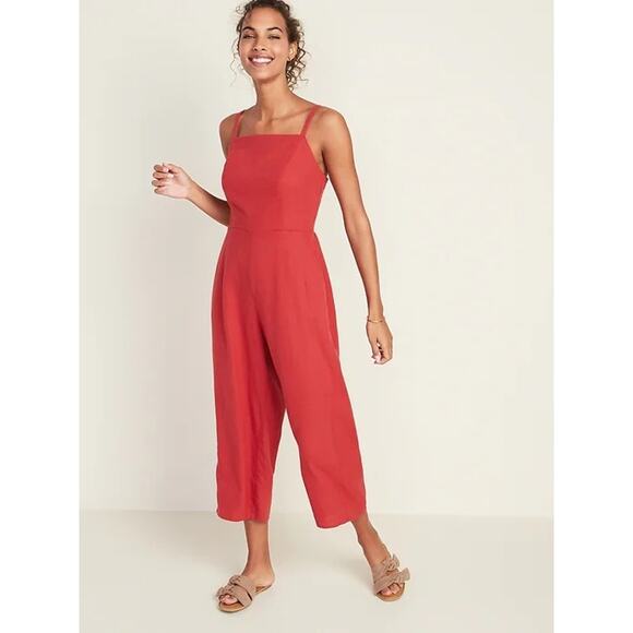 Old Navy Pants - Old Navy Large Linen Wide Leg Sleeveless Cami Jumpsuit Cropped Tomato Juice Red